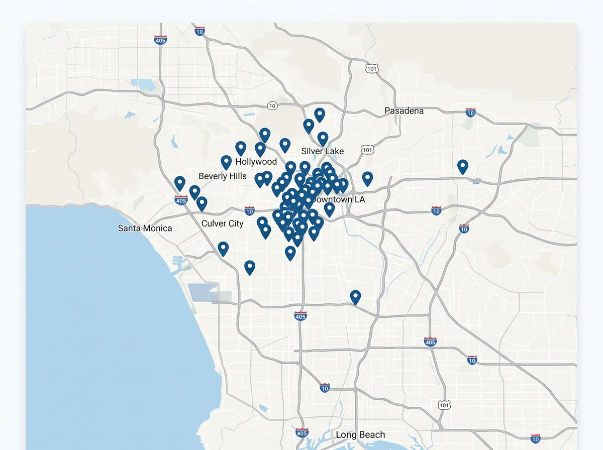 Map interface showing multiple location pins clustered around the Los Angeles area.