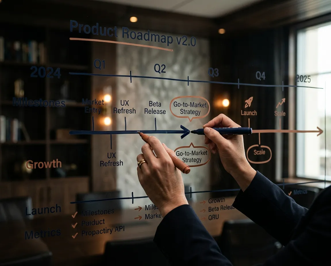 Strategic growth roadmap blueprint on boardroom presentation display