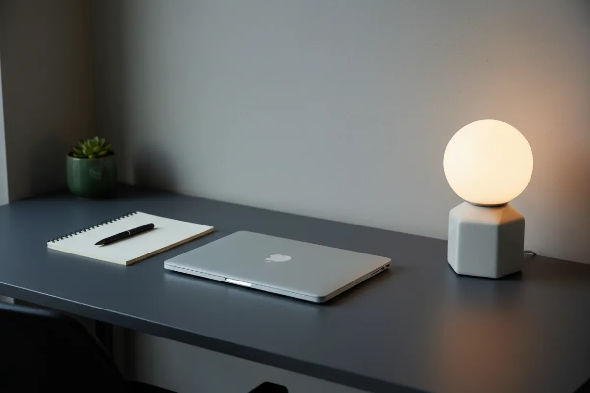 A tidy creator workspace with a closed laptop, notebook, and a warm lamp on a deep slate desk, emphasizing calm and structure.