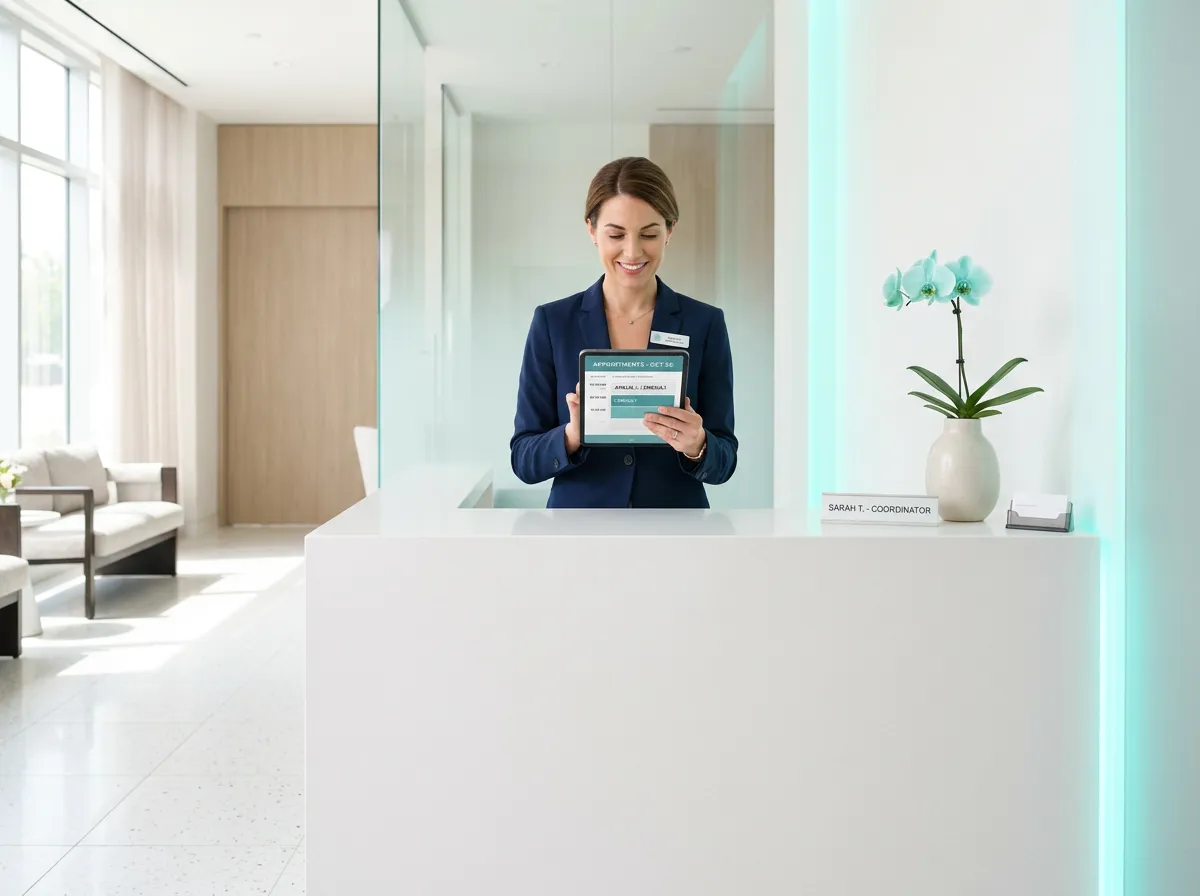Front desk coordinator reviewing harmonized booking schedules in a bright minimalist aesthetic practice