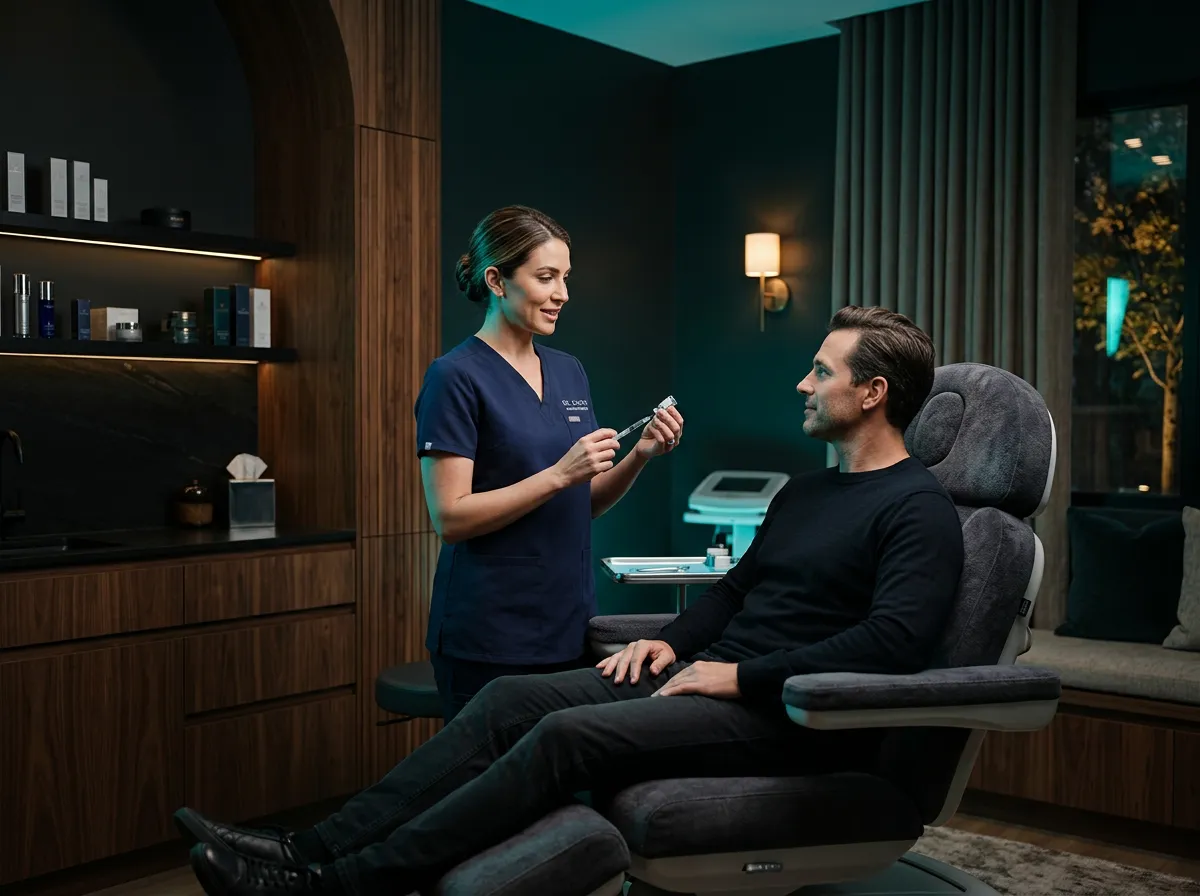 Clinical injector calmly engaging with an aesthetic patient in an upscale treatment suite