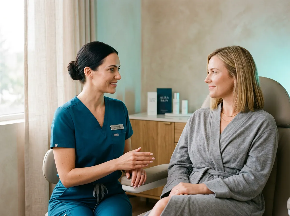 Medical spa aesthetician smiling serenely during a patient consultation while automated system manages incoming calls