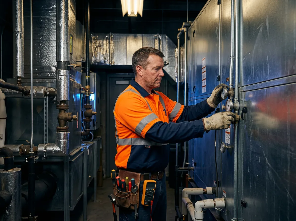 HVAC technician servicing industrial air handling unit on job site