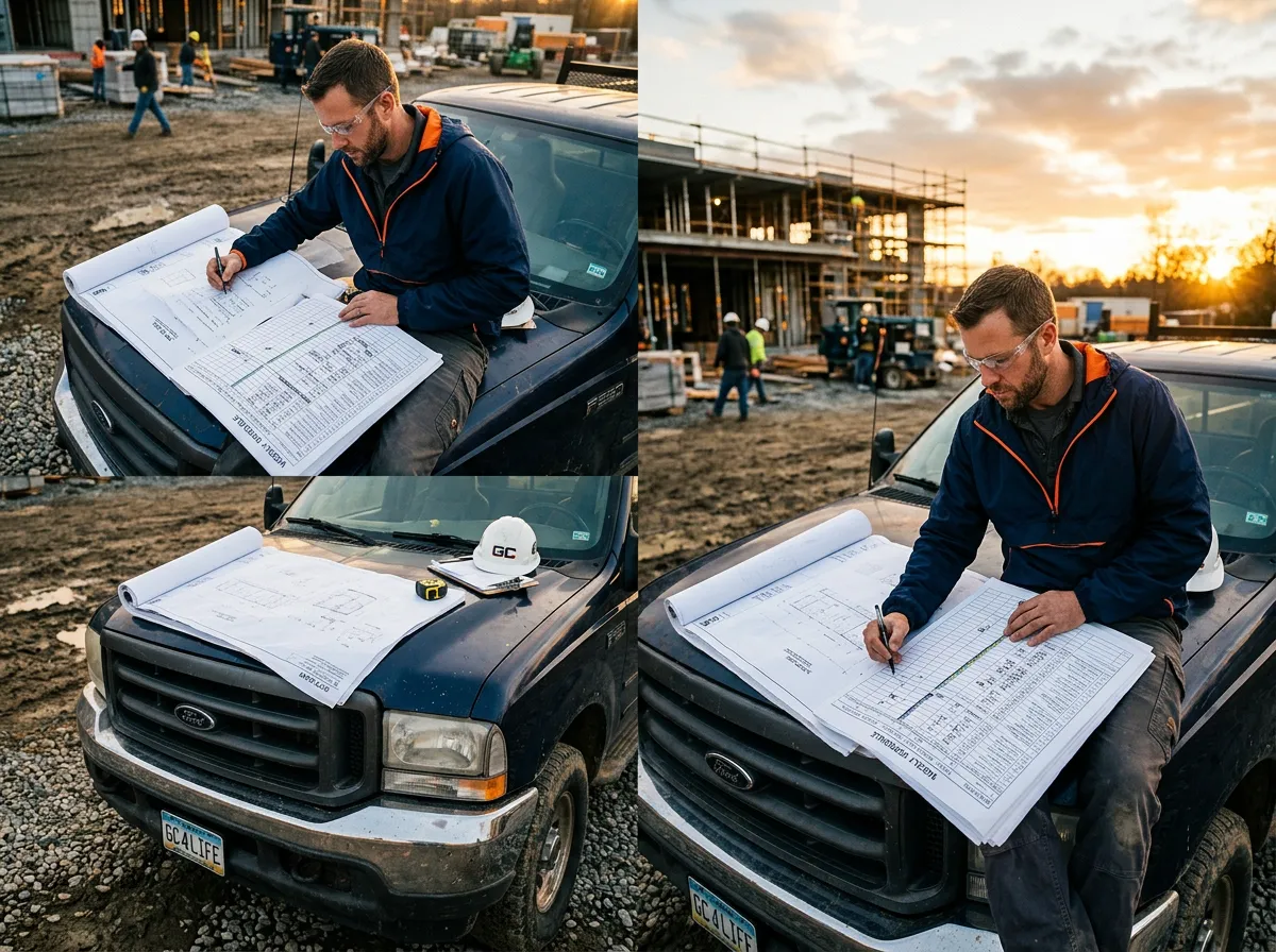 General contractor reviewing structural framing and labor schedule on active job site