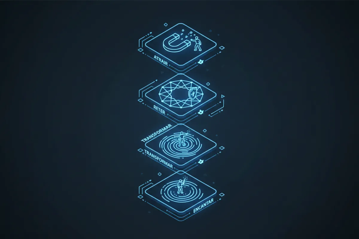 Ilustração decorativa do processo A.R.T.E. com quatro etapas: Atrair, Reter, Transformar, Encantar