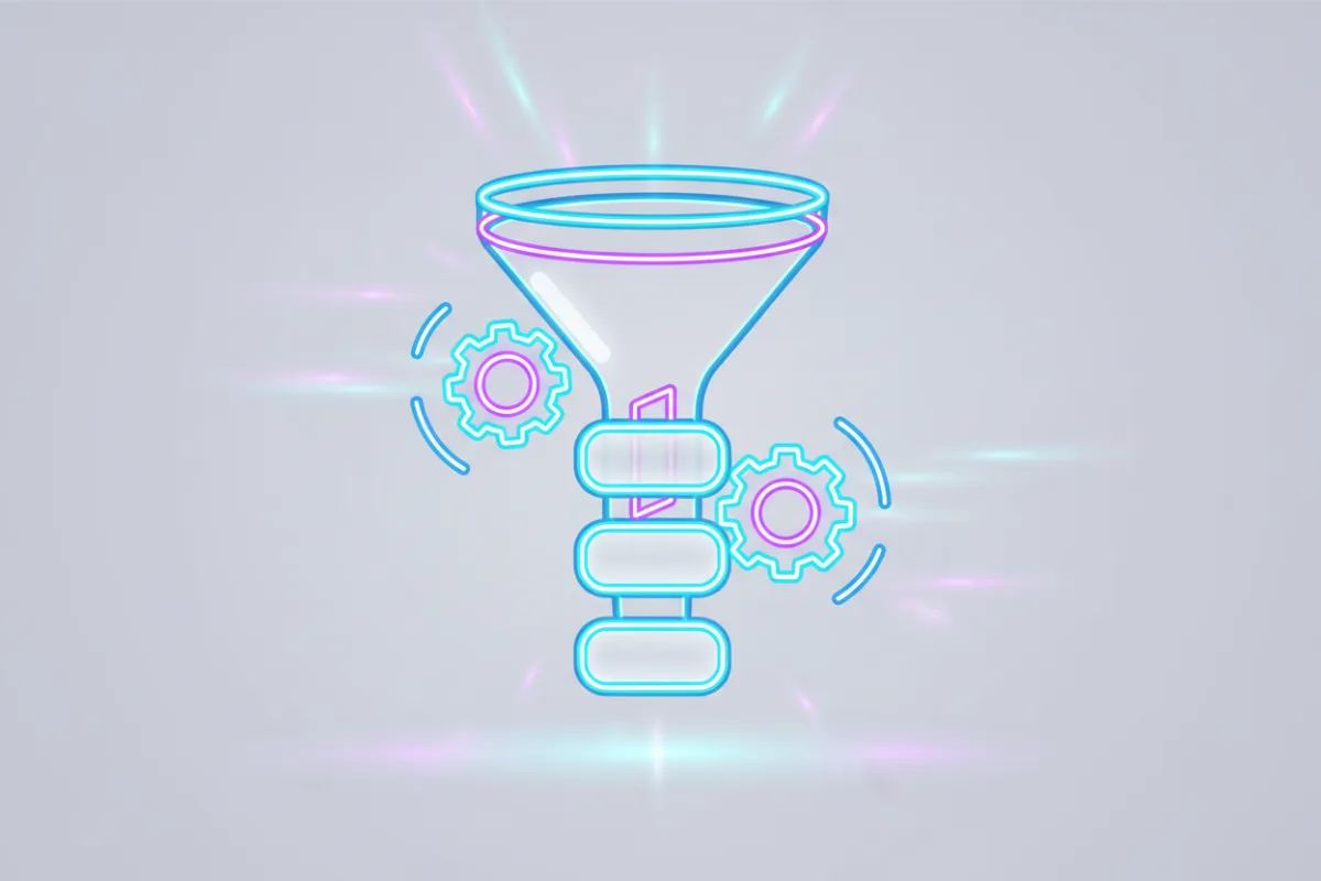 Stylized funnel with copy blocks and automation gears, neon vector illustration