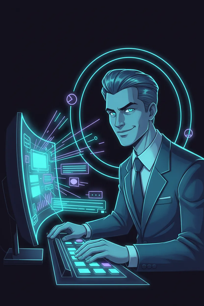 Decorative neon portrait-style illustration of a confident strategist at a monitor with glowing chat flows.