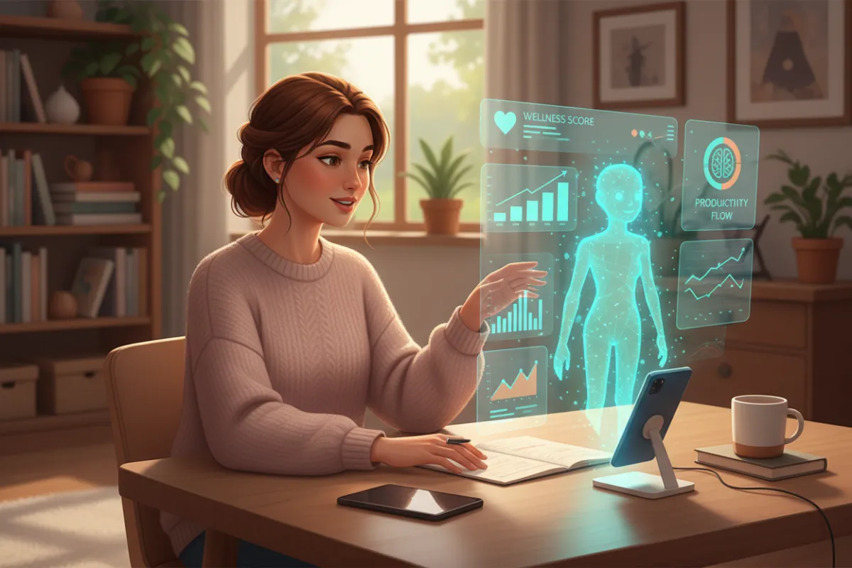 A young woman interacts with a holographic AI coach projected from her smartphone in a cozy home office. The AI displays personalized health and productivity stats, blending digital and real elements in a vibrant, user-friendly environment.