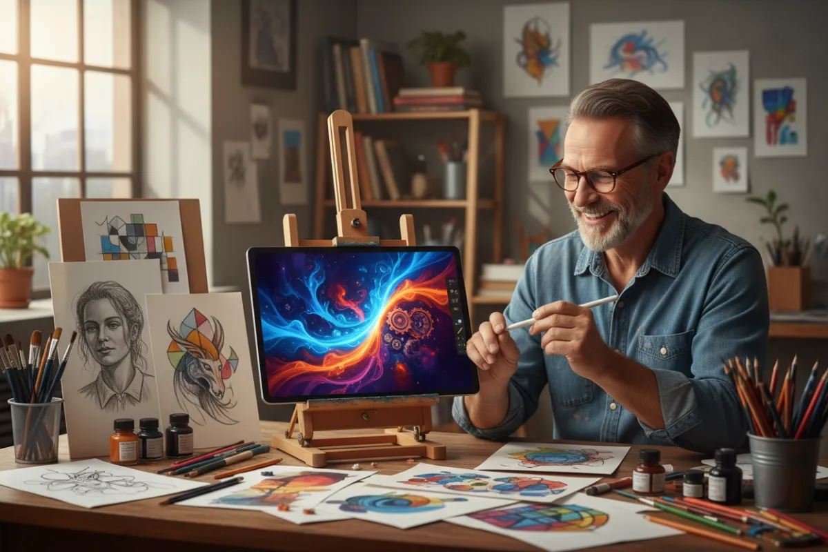 A creative workspace with a tablet displaying AI-generated digital artwork, surrounded by colorful sketches and art supplies. The artist, a middle-aged man, smiles as he explores new styles, showing the fusion of technology and creativity.