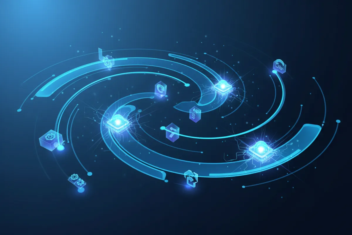 A futuristic digital interface with glowing AI nodes, blue gradients, and abstract automation icons, representing advanced technology in a clean, modern style. The composition is dynamic, with light effects and a sense of motion, evoking innovation and intelligence.