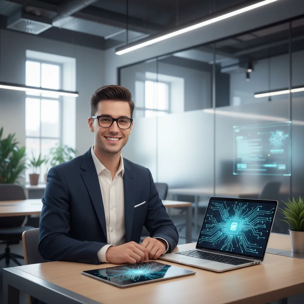 Louie, a smiling young professional with short dark hair and glasses, sits at a desk with a laptop and digital tablet. The background is a bright, modern workspace with subtle tech elements, conveying approachability and expertise in AI.