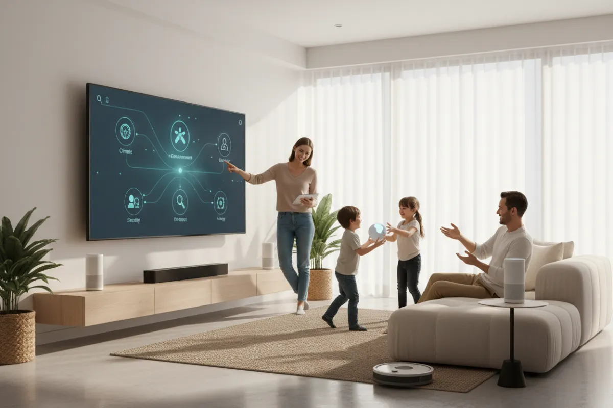 A modern living room with smart devices, voice assistant speakers, and a digital dashboard on a wall screen, all seamlessly connected. The scene is bright, with a family interacting naturally, highlighting the comfort and convenience of AI automation.