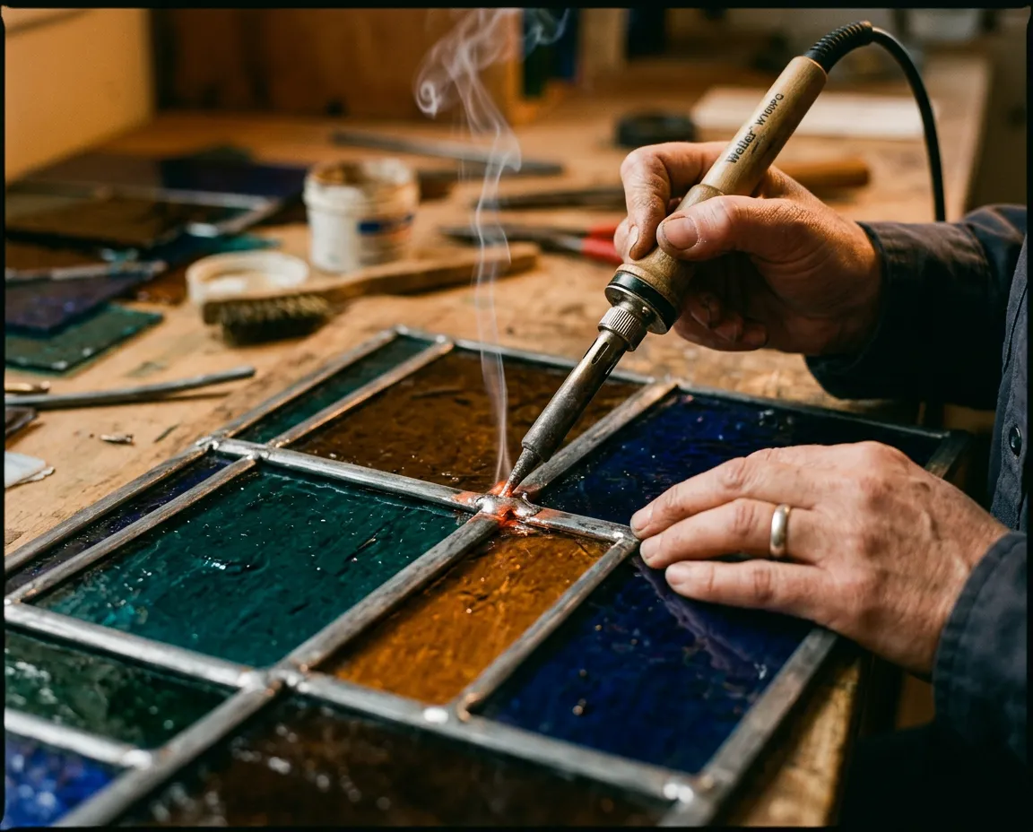 Close-up of artisan hands soldering lead came joints on cathedral stained glass panel with hot iron and molten solder