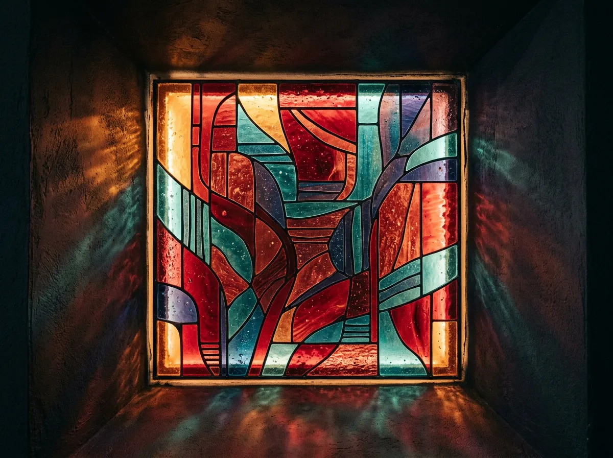 Integrated illuminated stained glass art panel seamlessly recessed into luxury interior architecture