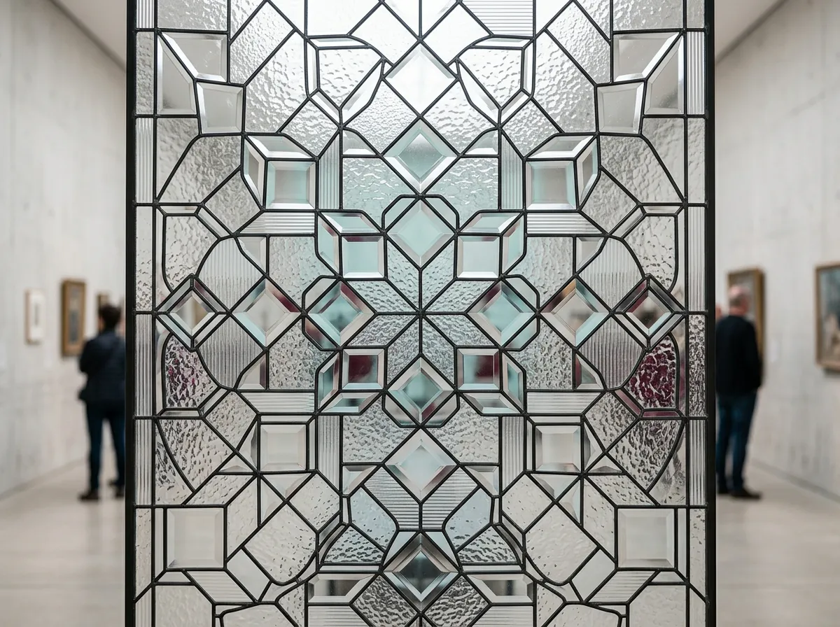 Geometric leaded glass window panel with tactile clear textures and dark solder joints