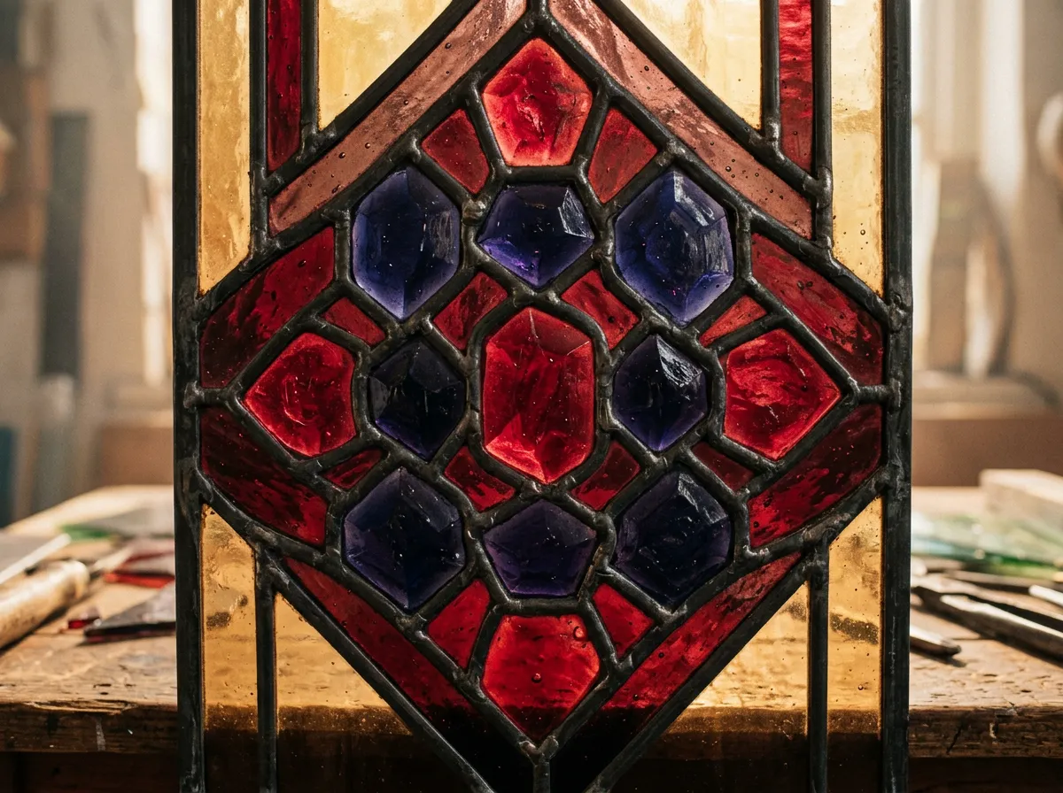 Antique mouth-blown stained glass window panel with rich amber and ruby jewel tones