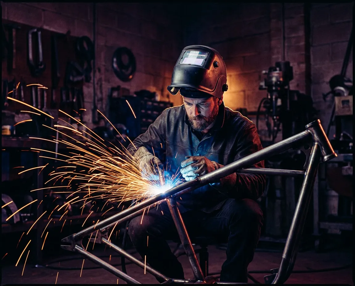 Skilled metalworker welding custom solid steel armature frame with glowing sparks and warm forge lighting