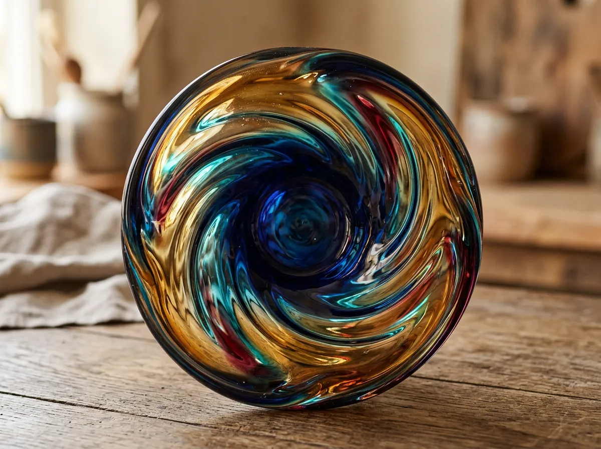 Sculptural hand-blown glass rondel with organic fluidity and deep molten amber tones