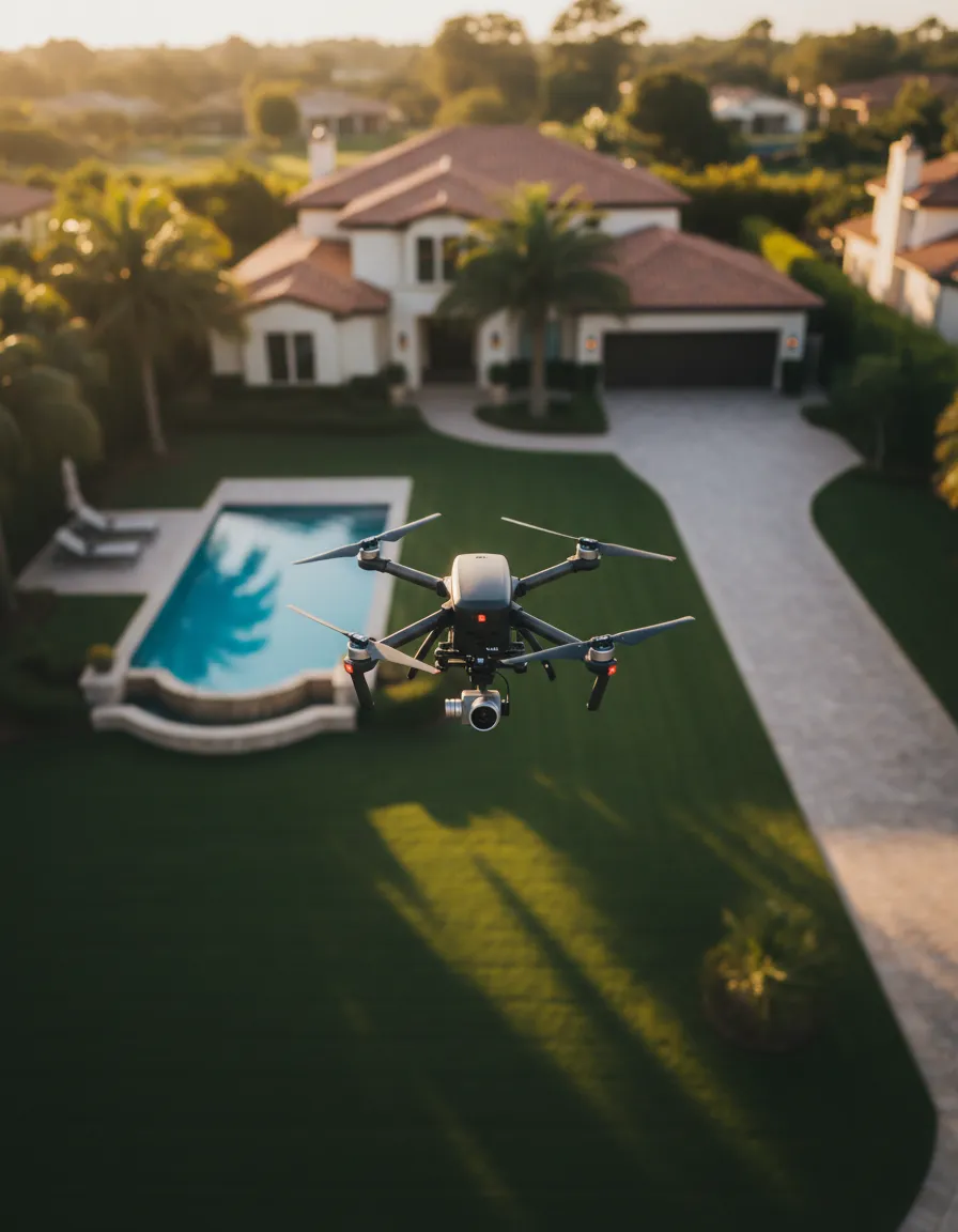 Southern VUEs drone capturing aerial view of property at sunset