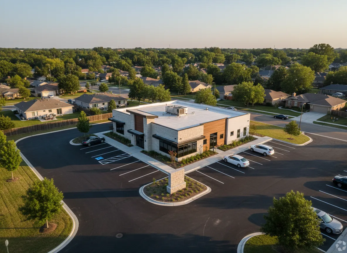 Aerial view of local business and surrounding area