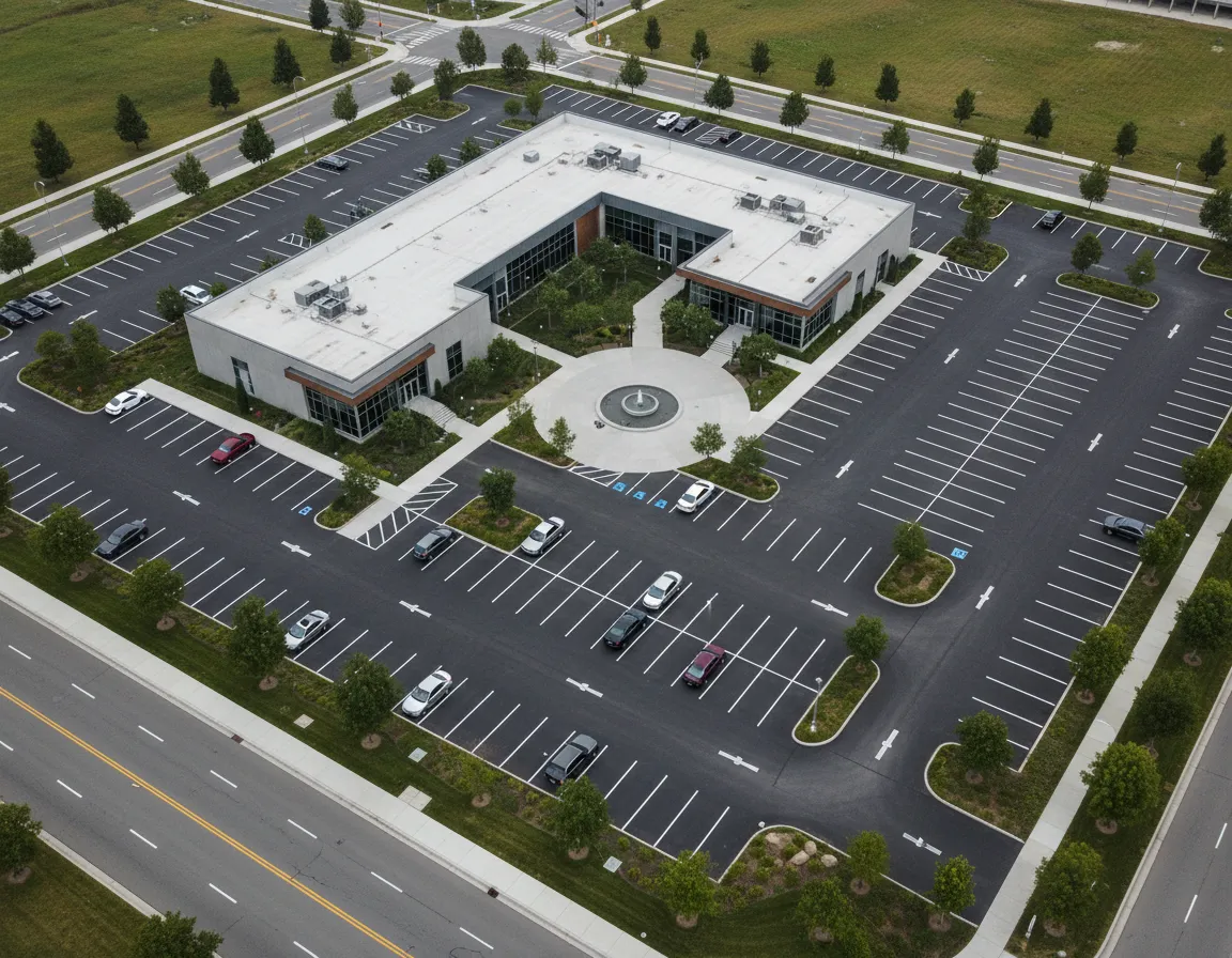 Drone view of commercial complex and parking lot