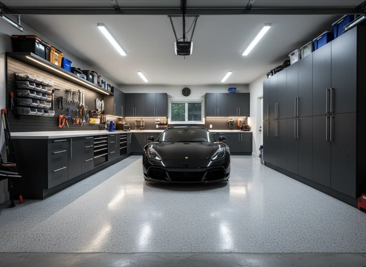 After epoxy: luxury flake garage floor with storage cabinets