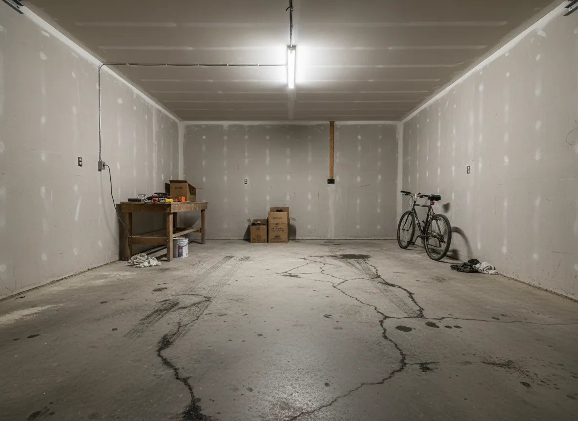 Before epoxy: plain concrete garage floor