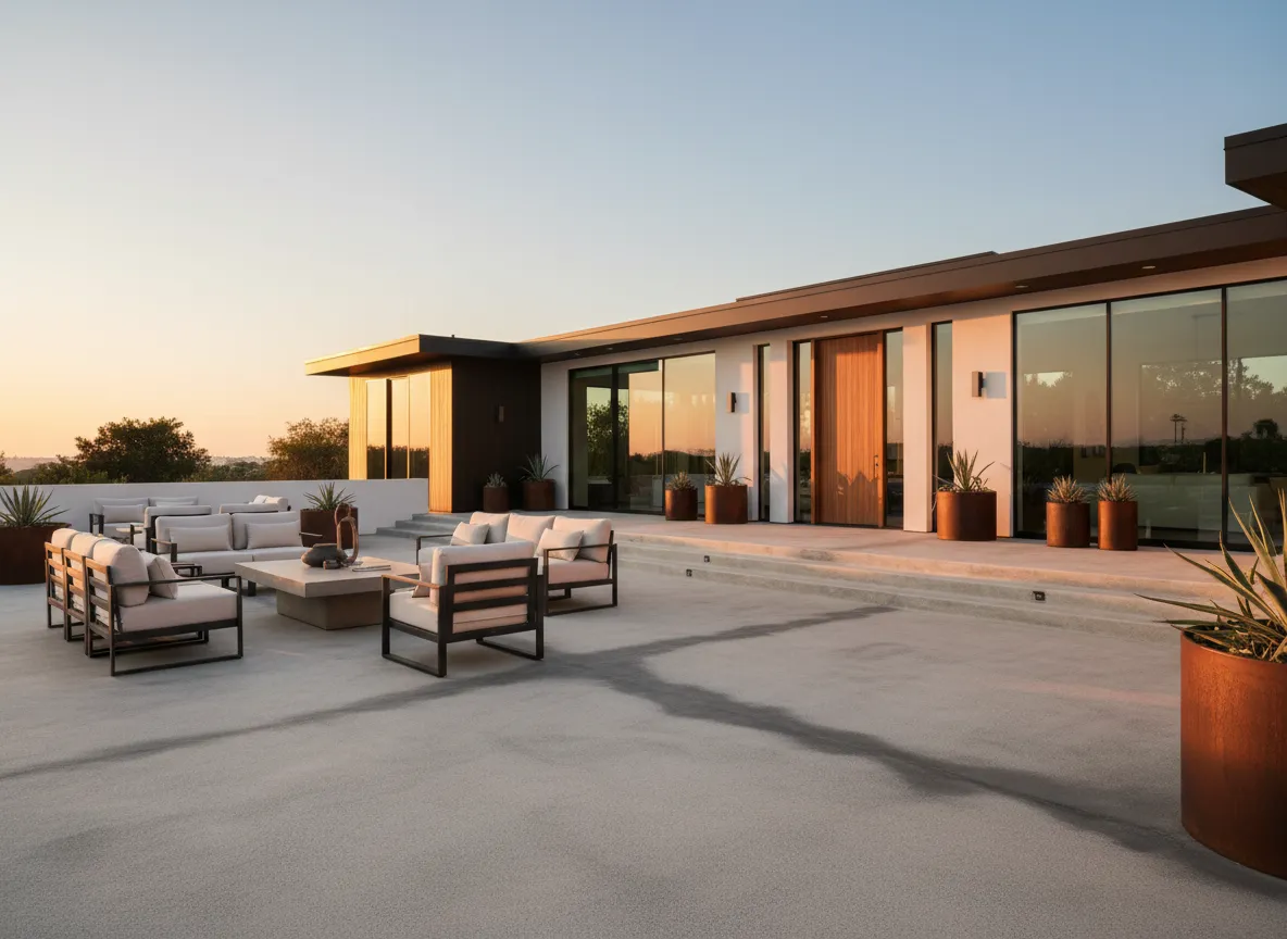 Outdoor patio and pool deck with slip-conscious epoxy finish