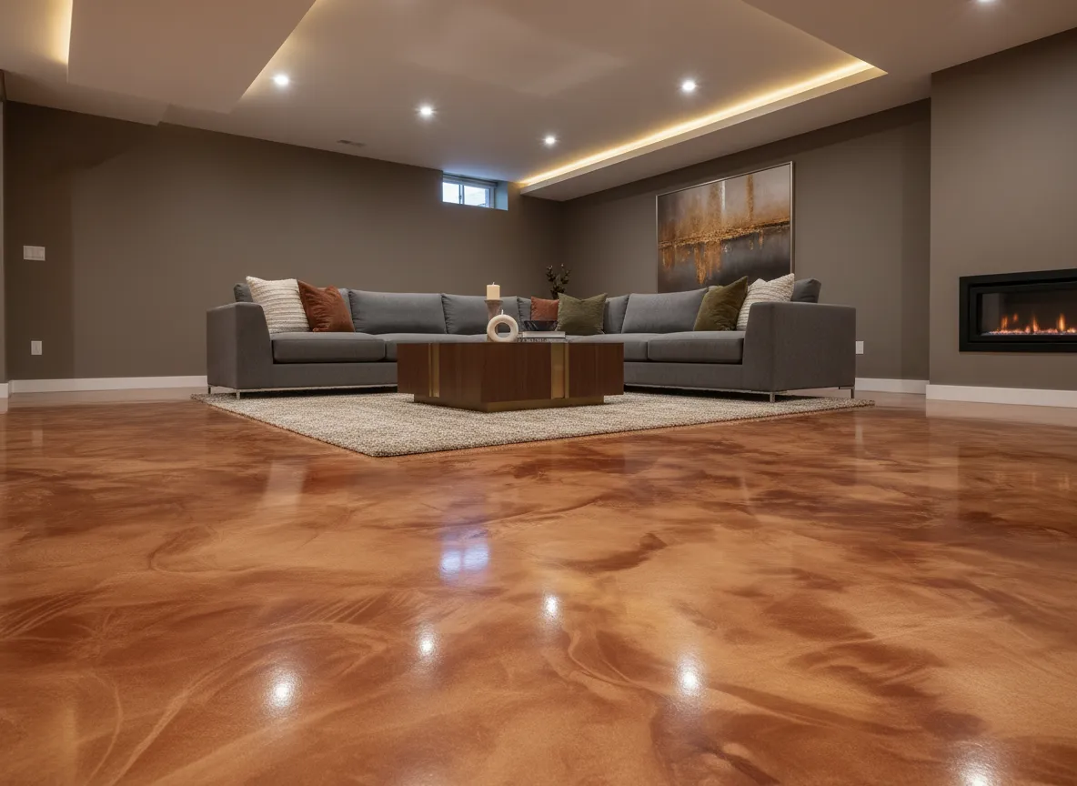 Basement and interior living space with seamless epoxy floor