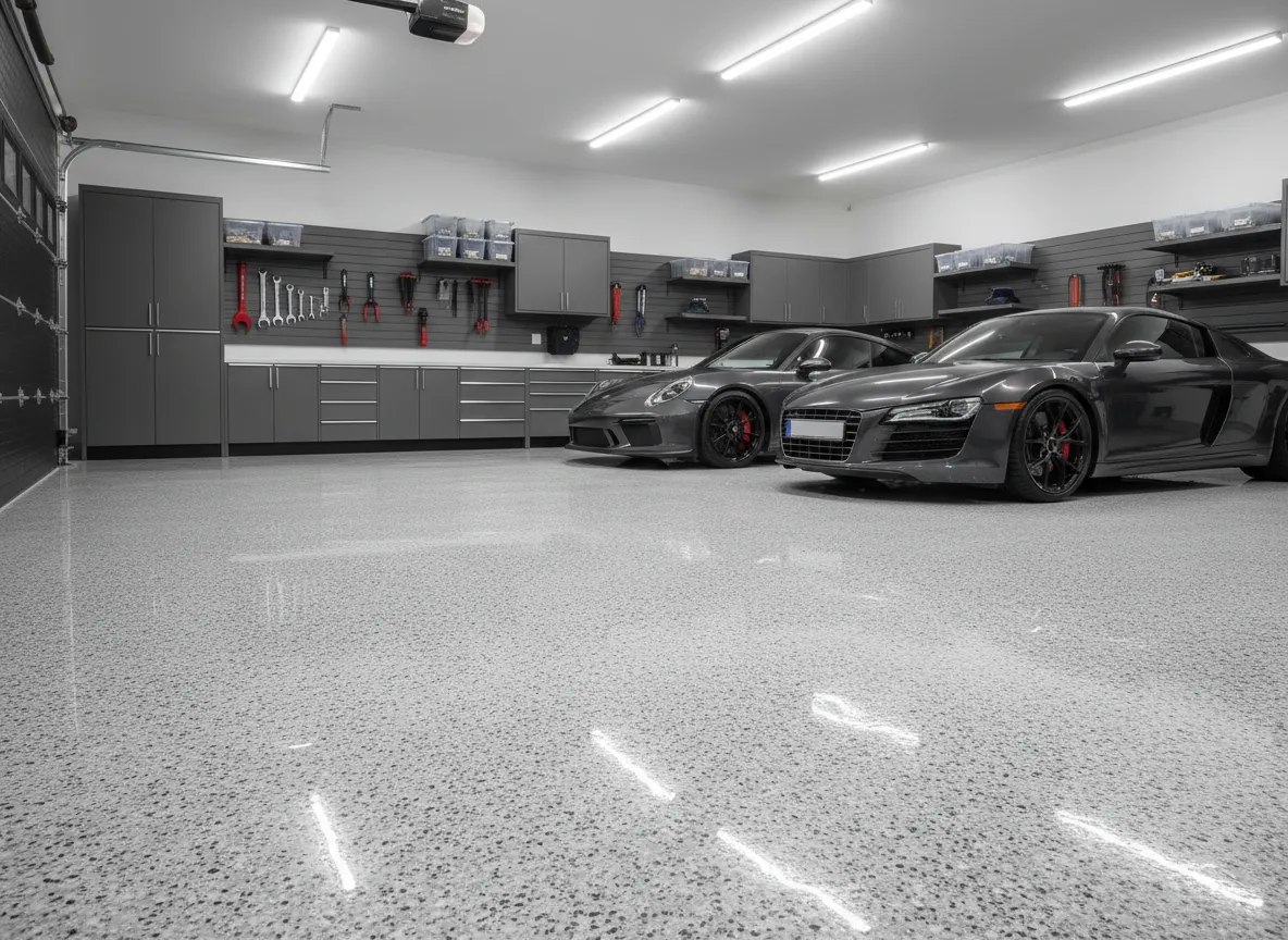 Garage floor with luxury epoxy flake system and organized storage