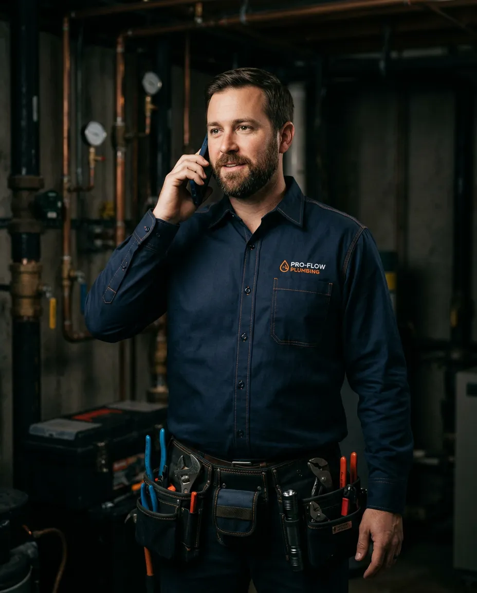 Professional plumbing contractor answering emergency service call on smartphone
