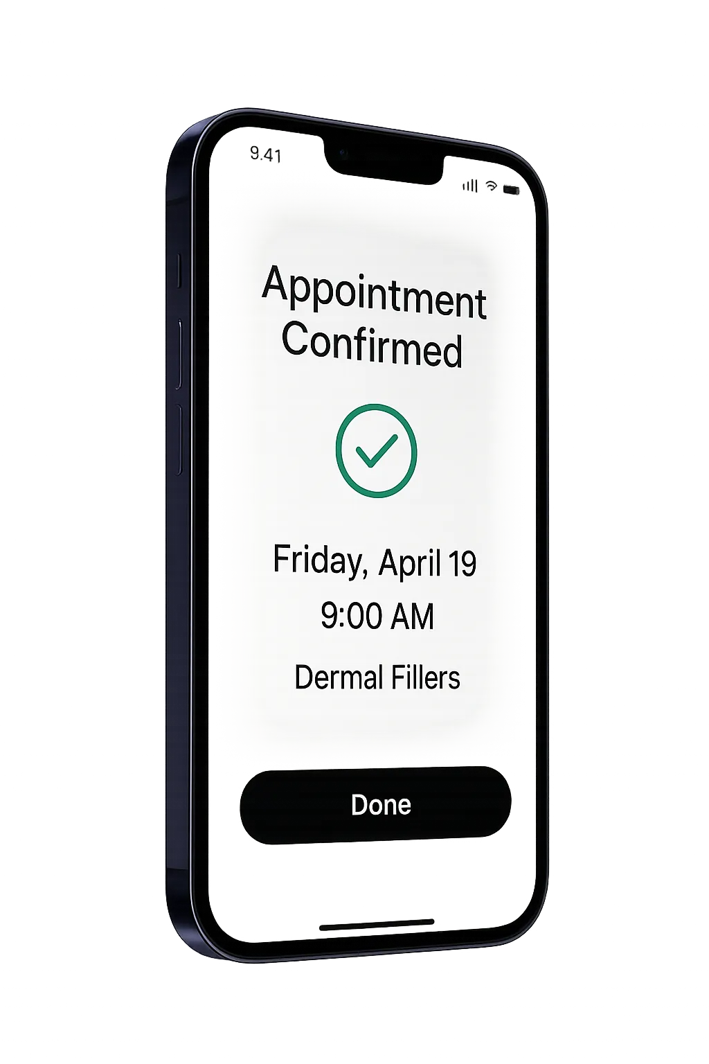 Floating luxury smartphone mockup displaying an instant med spa booking confirmation on a blurred clinic background