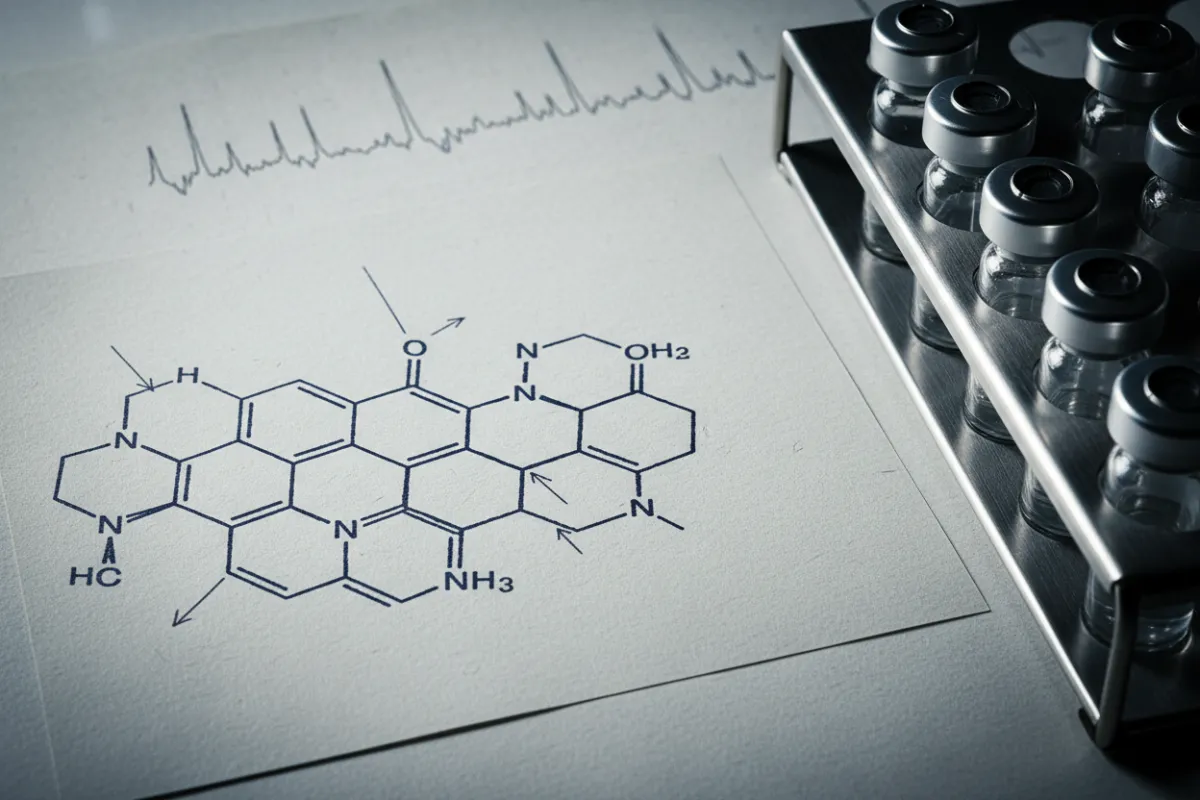 Close-up of a printed molecular structure on technical paper next to a stainless vial rack, cool diffuse overhead lighting, high-detail grain showing annotation and mass-spec trace in background.
