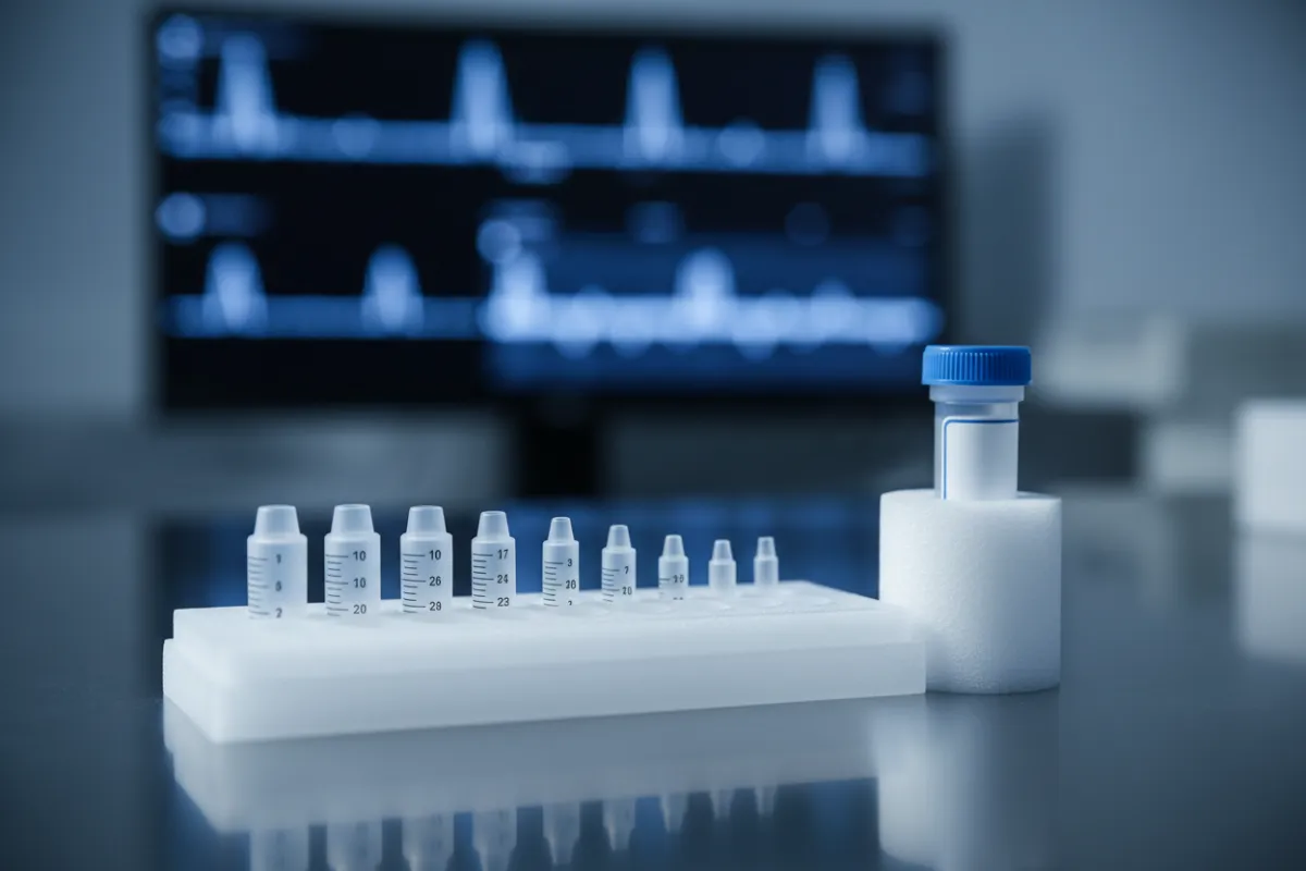 Sterile bench close-up showing calibrated pipette tips, a labeled cryovial in a foam rack, and analytical readouts on a monitor blurred in the background, cool clinical tones.
