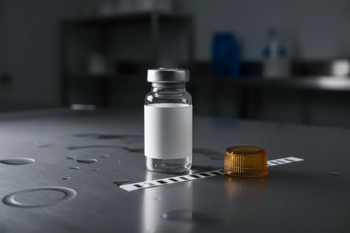 Macro photorealistic shot of a labeled glass vial and single-use amber cap on a cold stainless surface inside a lab, soft clinical lighting, shallow depth emphasizing label and HPLC strip beside vial.