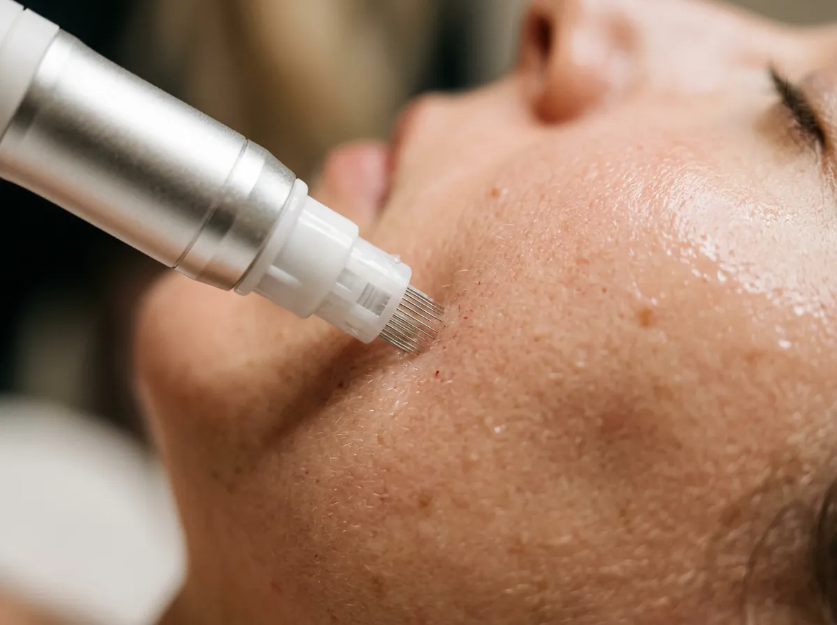 Close-up microneedling pen handpiece treating facial skin