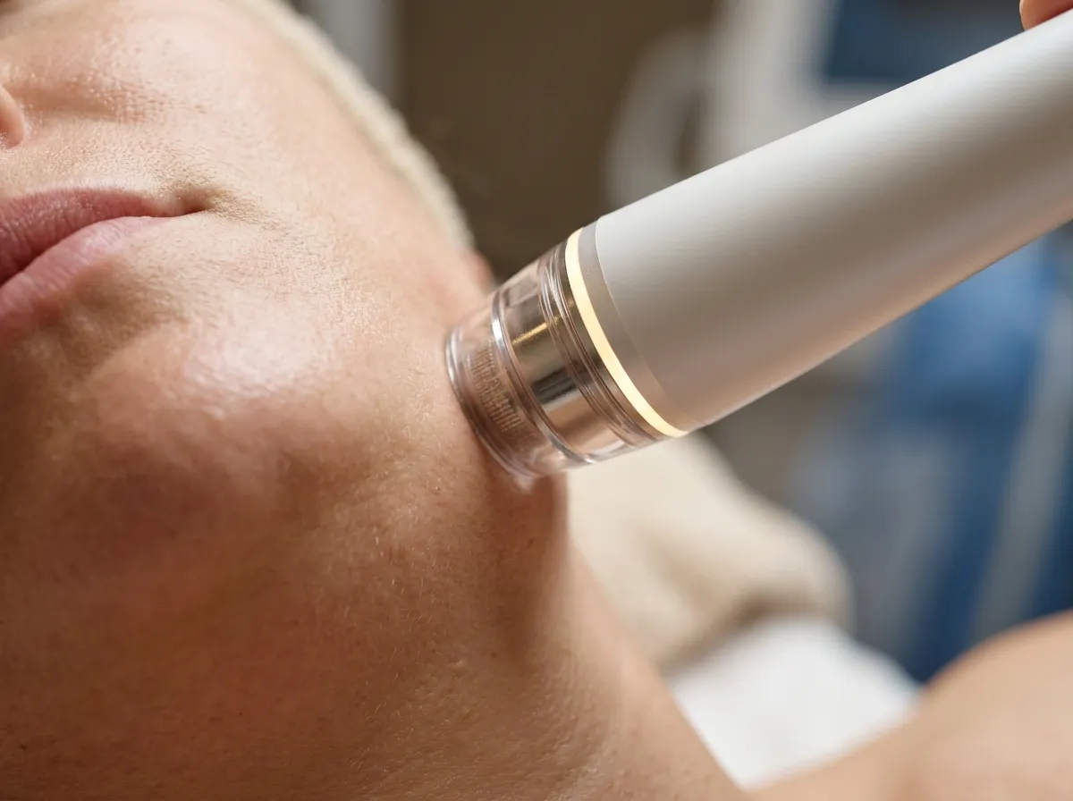 Close-up facial treatment device handpiece treating jawline/cheek
