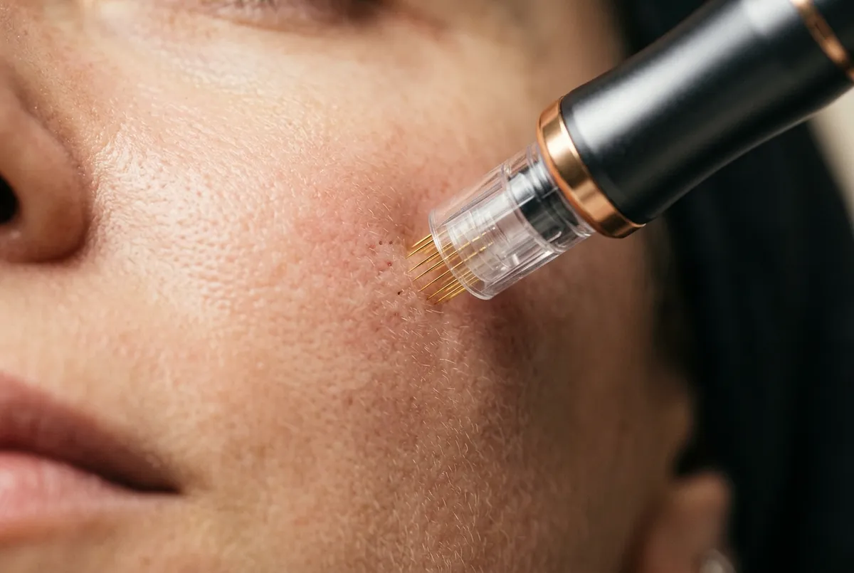 Close-up clinical microneedling collagen induction therapy on skin