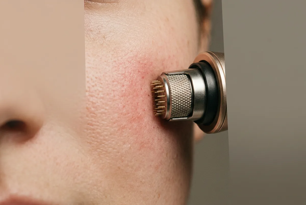 Close-up radiofrequency RF microneedling treatment tip on facial skin
