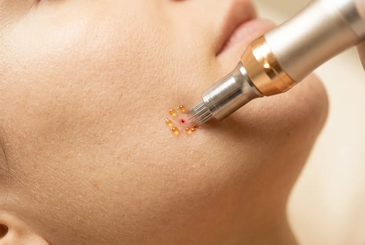 Close-up PRP platelet rich plasma microneedling treatment on skin