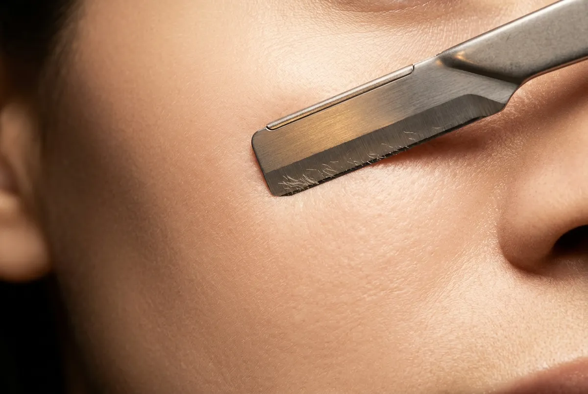 Close-up dermaplaning blade exfoliating treatment on smooth skin