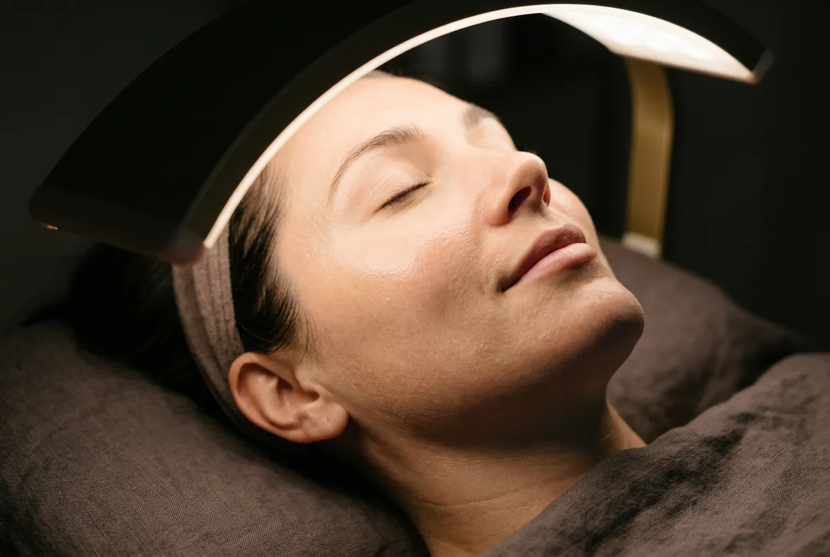 Close-up clinical LED phototherapy light canopy treating facial skin