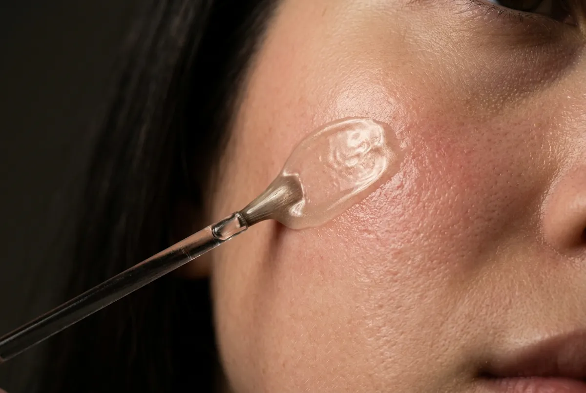 Close-up dermatological chemical peel resurfacing application on skin