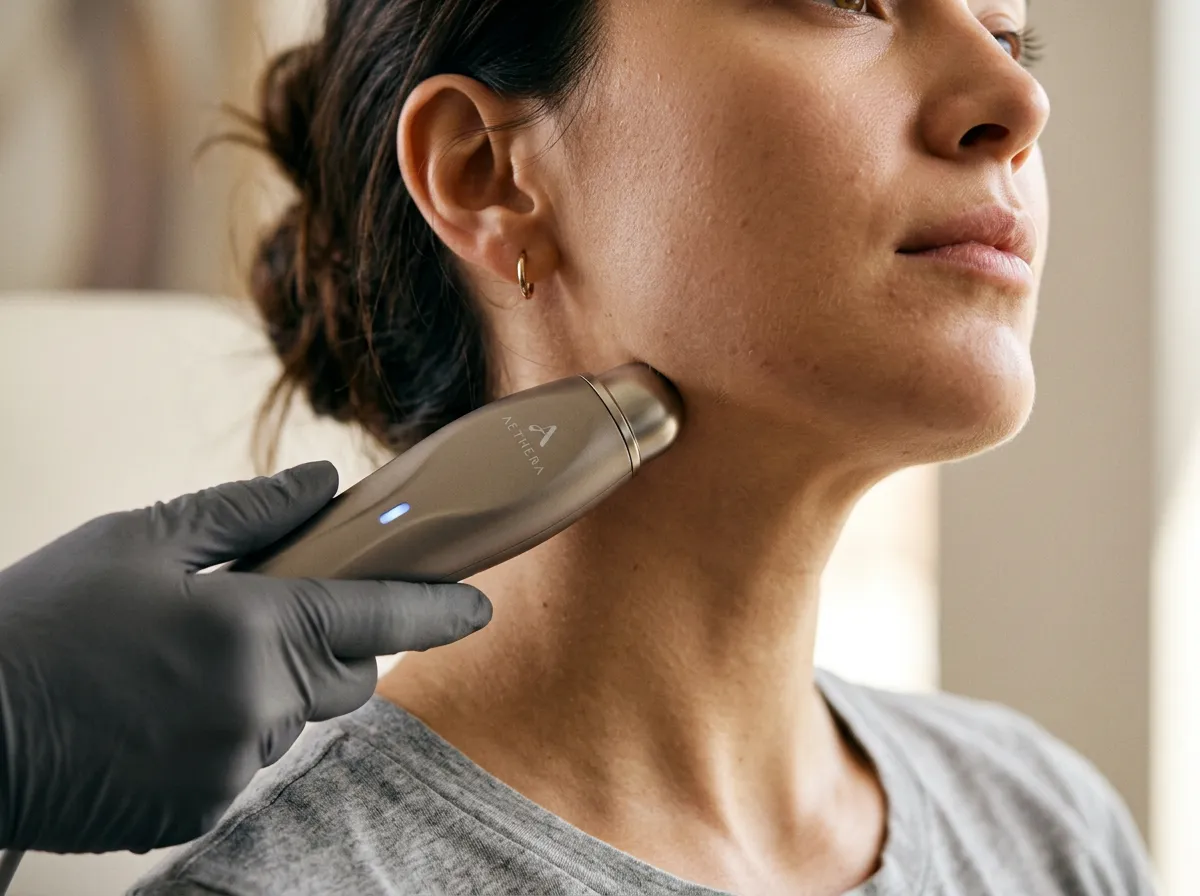 Close-up fat dissolving treatment device on jawline/under-chin area (no practitioner visible)