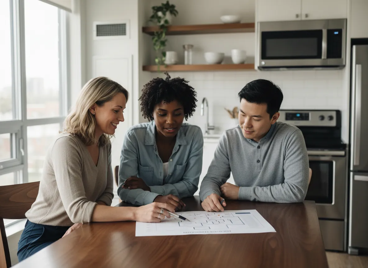 First-time homebuyers reviewing a plan with a mortgage advisor