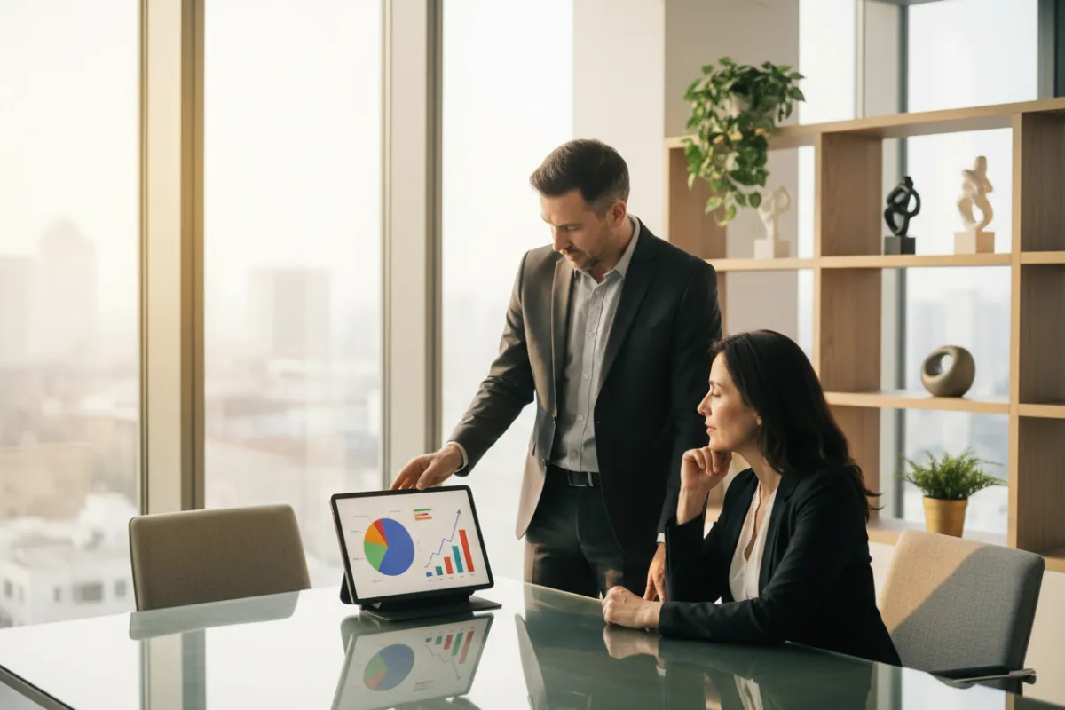 A business consultant presenting growth strategies to a small business owner in a sunlit office, with charts and graphs on a digital tablet.