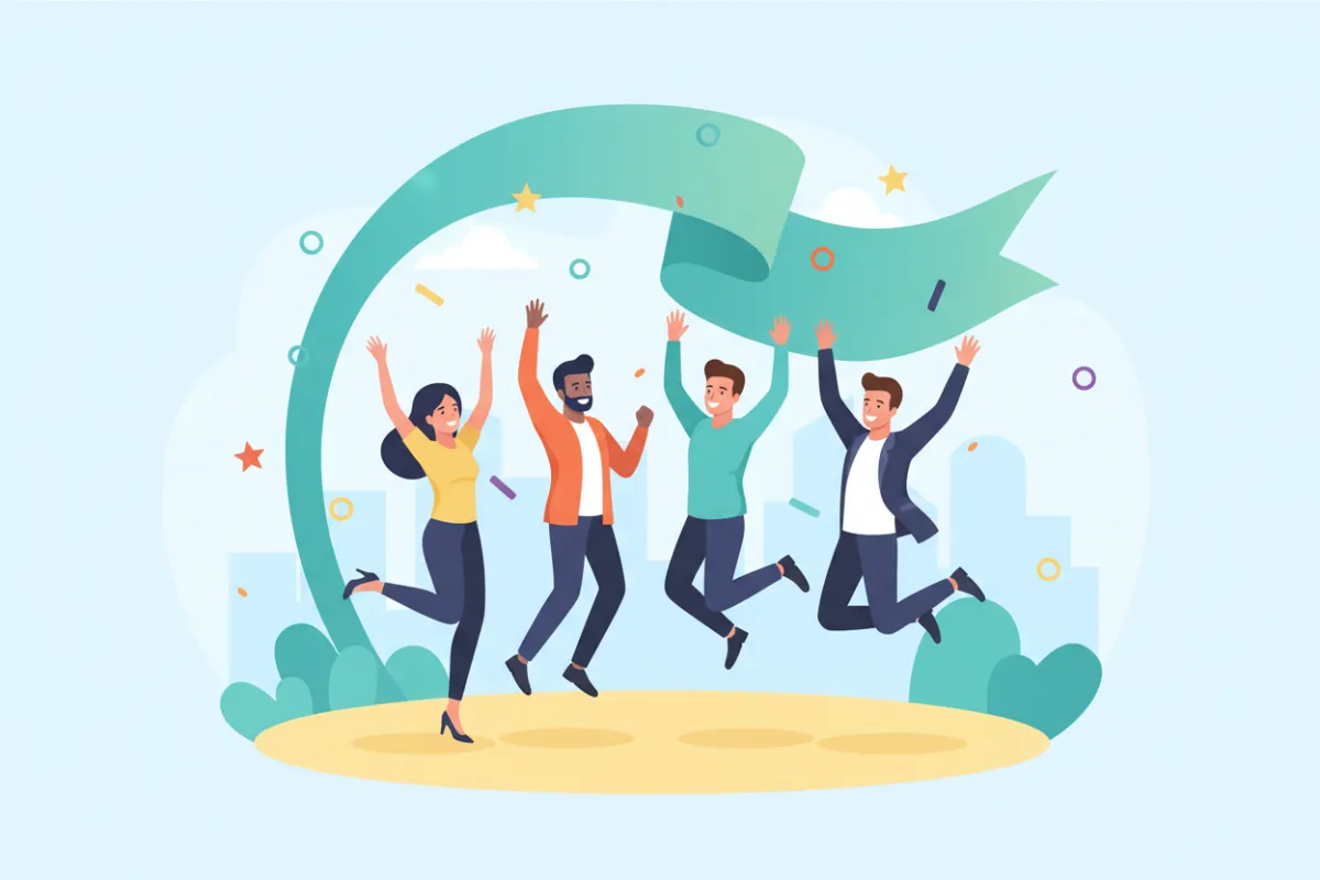 A group of entrepreneurs celebrating a business milestone with a 'Welcome' banner, confetti, and a lively, diverse community.