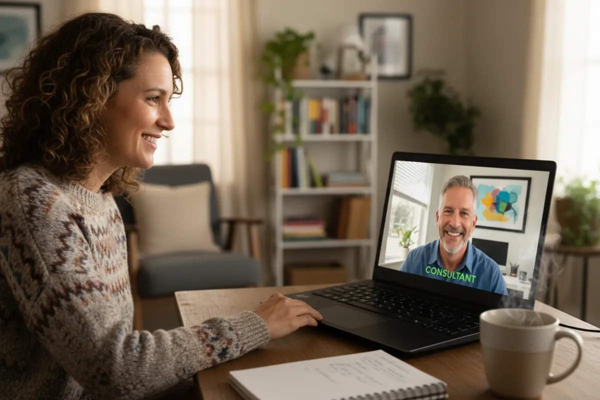 A small business owner in a video call with a LegendMakers consultant, both smiling and engaged, with notes and a laptop visible.
