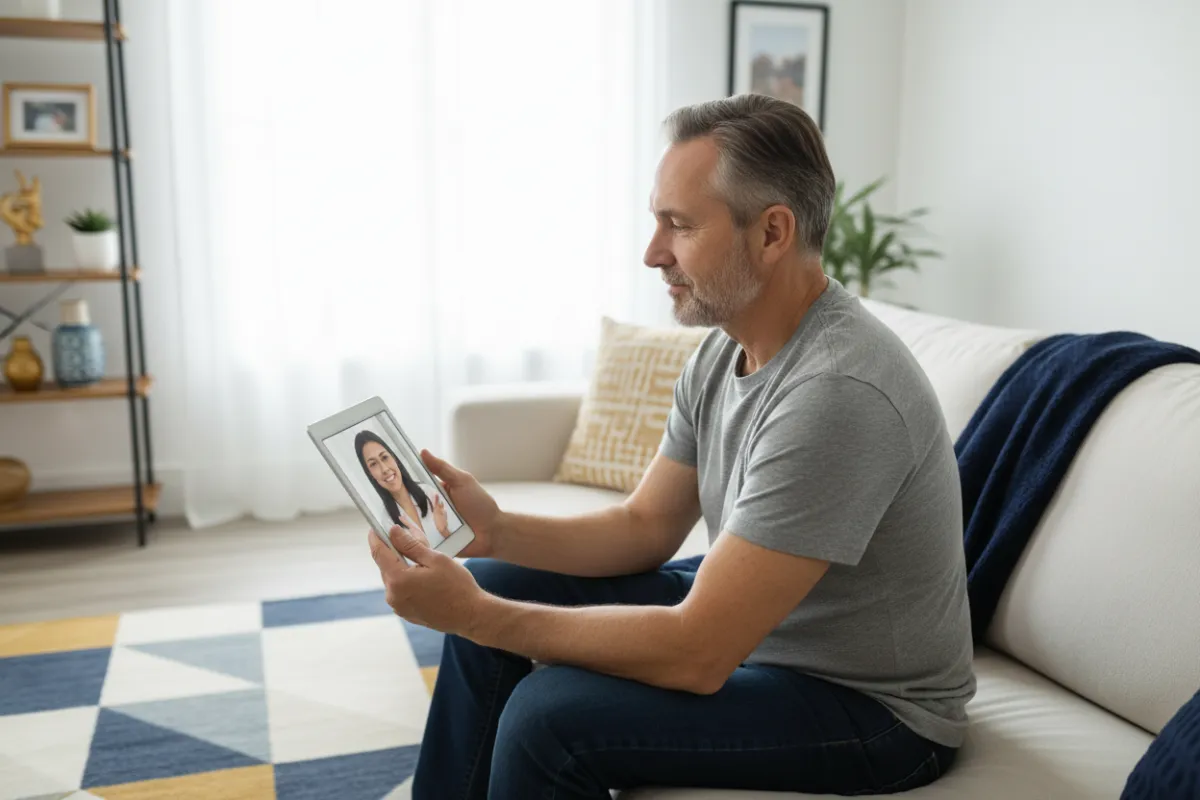 Telehealth session with veteran and therapist, digital tablet, home setting, modern, 3:2 aspect ratio