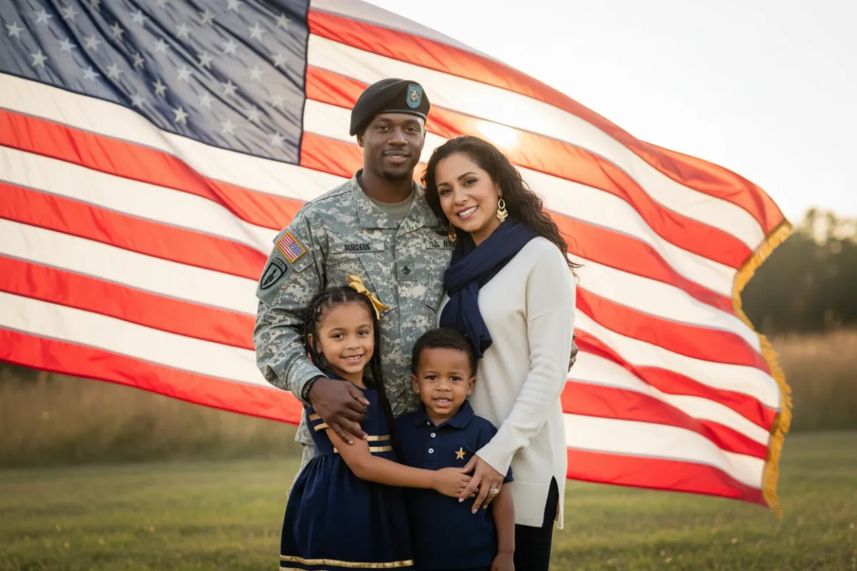 Military family embracing in front of American flag, diverse ages and ethnicities, warm sunlight, deep navy and gold accents, 3:2 aspect ratio